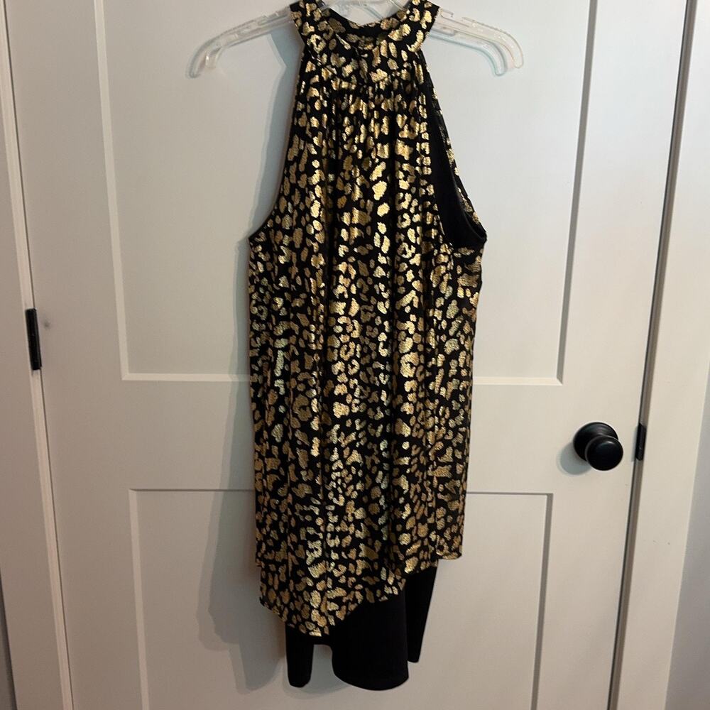 Wrapper Dress Plus 1X Black Gold Leopard Halter Asymmetric Swing Party Mobwife